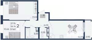 2-к квартира, вторичка, 58м2, 9/18 этаж