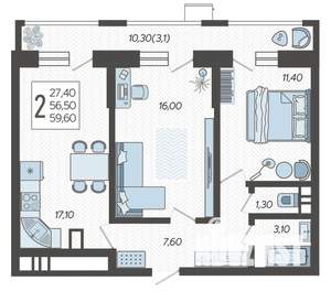2-к квартира, вторичка, 60м2, 7/12 этаж