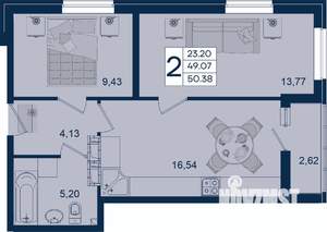 2-к квартира, вторичка, 50м2, 17/18 этаж