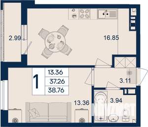 1-к квартира, вторичка, 39м2, 3/18 этаж
