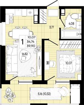 1-к квартира, вторичка, 40м2, 2/8 этаж