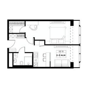 2-к квартира, строящийся дом, 46м2, 9/19 этаж