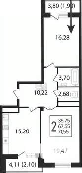 2-к квартира, вторичка, 72м2, 12/16 этаж