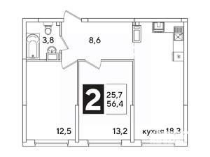 2-к квартира, вторичка, 56м2, 13/16 этаж