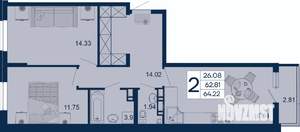 2-к квартира, вторичка, 64м2, 8/18 этаж