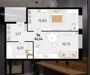1-к квартира, вторичка, 46м2, 2/25 этаж