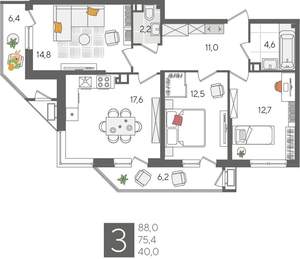 3-к квартира, вторичка, 88м2, 9/24 этаж