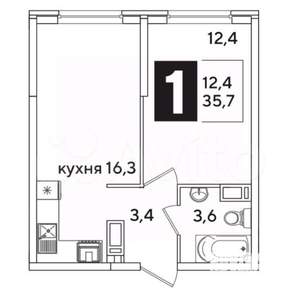 1-к квартира, вторичка, 37м2, 12/16 этаж