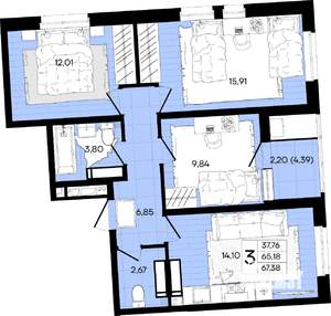 3-к квартира, вторичка, 67м2, 16/18 этаж