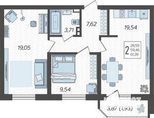 2-к квартира, строящийся дом, 63м2, 21/23 этаж