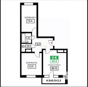 2-к квартира, вторичка, 68м2, 9/24 этаж