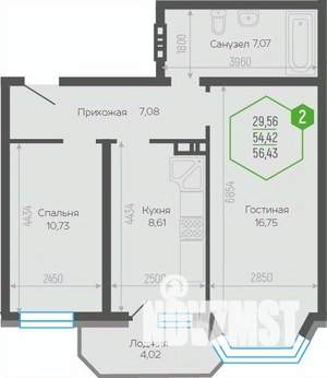 2-к квартира, вторичка, 56м2, 11/19 этаж