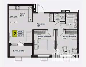 2-к квартира, вторичка, 59м2, 2/9 этаж