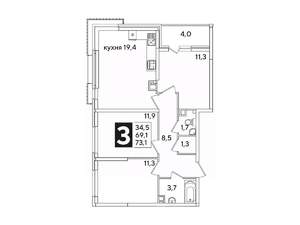 3-к квартира, вторичка, 73м2, 8/16 этаж