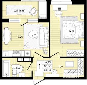 1-к квартира, вторичка, 44м2, 5/8 этаж