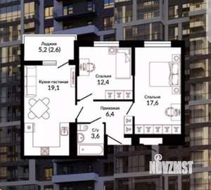 2-к квартира, вторичка, 64м2, 6/19 этаж