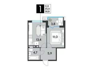 1-к квартира, строящийся дом, 39м2, 3/18 этаж