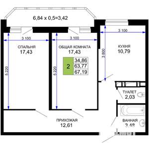 2-к квартира, вторичка, 67м2, 15/19 этаж