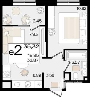 2-к квартира, вторичка, 35м2, 3/16 этаж