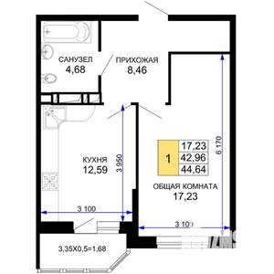 1-к квартира, вторичка, 45м2, 8/19 этаж