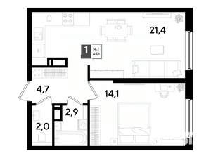 1-к квартира, вторичка, 45м2, 11/16 этаж