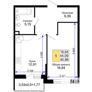 1-к квартира, вторичка, 46м2, 4/15 этаж