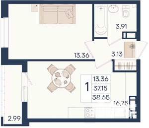 1-к квартира, вторичка, 39м2, 5/18 этаж