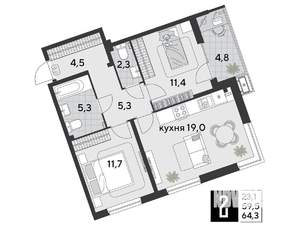 2-к квартира, строящийся дом, 64м2, 2/18 этаж