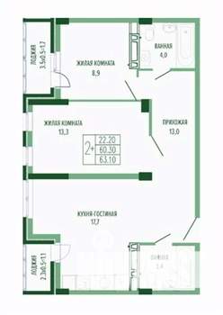 2-к квартира, вторичка, 63м2, 2/4 этаж