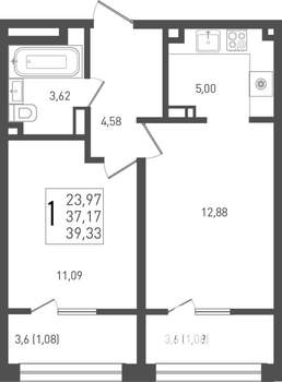 1-к квартира, вторичка, 39м2, 4/9 этаж