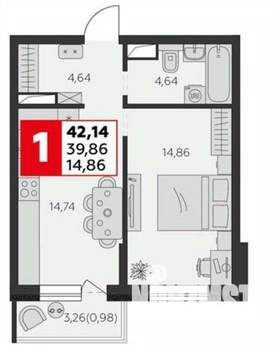 1-к квартира, вторичка, 42м2, 7/9 этаж