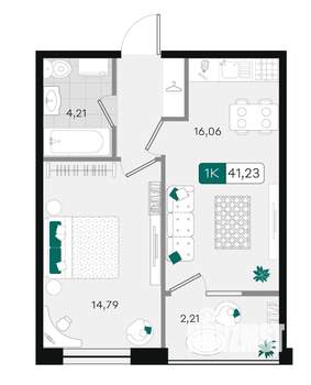 1-к квартира, вторичка, 41м2, 14/18 этаж
