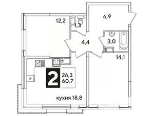 2-к квартира, вторичка, 61м2, 15/16 этаж