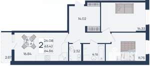 2-к квартира, вторичка, 65м2, 2/18 этаж