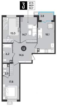 3-к квартира, строящийся дом, 93м2, 8/9 этаж