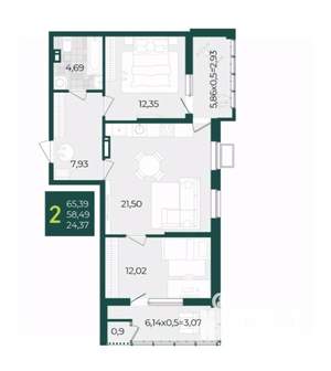 2-к квартира, вторичка, 65м2, 12/21 этаж
