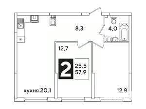 2-к квартира, вторичка, 58м2, 9/16 этаж