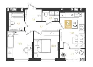 2-к квартира, строящийся дом, 50м2, 4/18 этаж