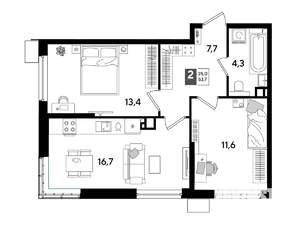 2-к квартира, вторичка, 54м2, 3/16 этаж