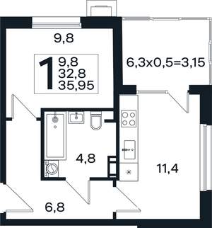 1-к квартира, вторичка, 36м2, 2/4 этаж