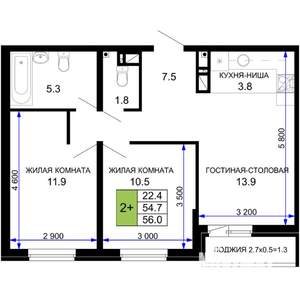 2-к квартира, вторичка, 56м2, 8/16 этаж