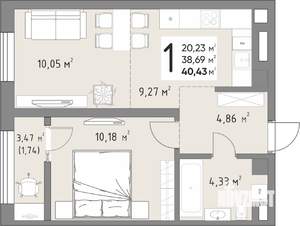 1-к квартира, вторичка, 40м2, 6/15 этаж