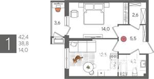 1-к квартира, строящийся дом, 42м2, 2/24 этаж