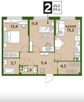 2-к квартира, вторичка, 60м2, 8/16 этаж