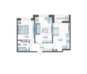 2-к квартира, вторичка, 53м2, 5/12 этаж