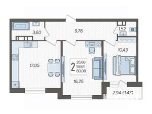 2-к квартира, вторичка, 60м2, 15/19 этаж