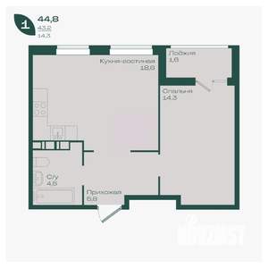 1-к квартира, вторичка, 45м2, 3/18 этаж