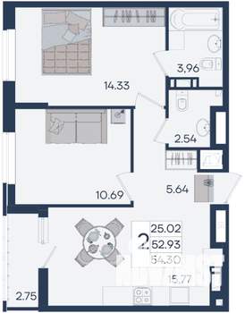 2-к квартира, вторичка, 54м2, 17/18 этаж