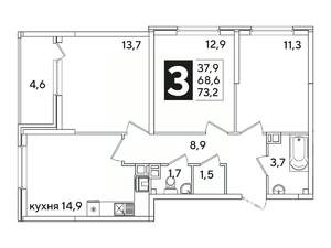 3-к квартира, вторичка, 73м2, 7/16 этаж