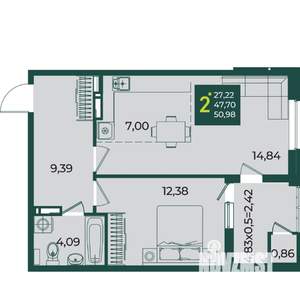 2-к квартира, вторичка, 51м2, 13/18 этаж